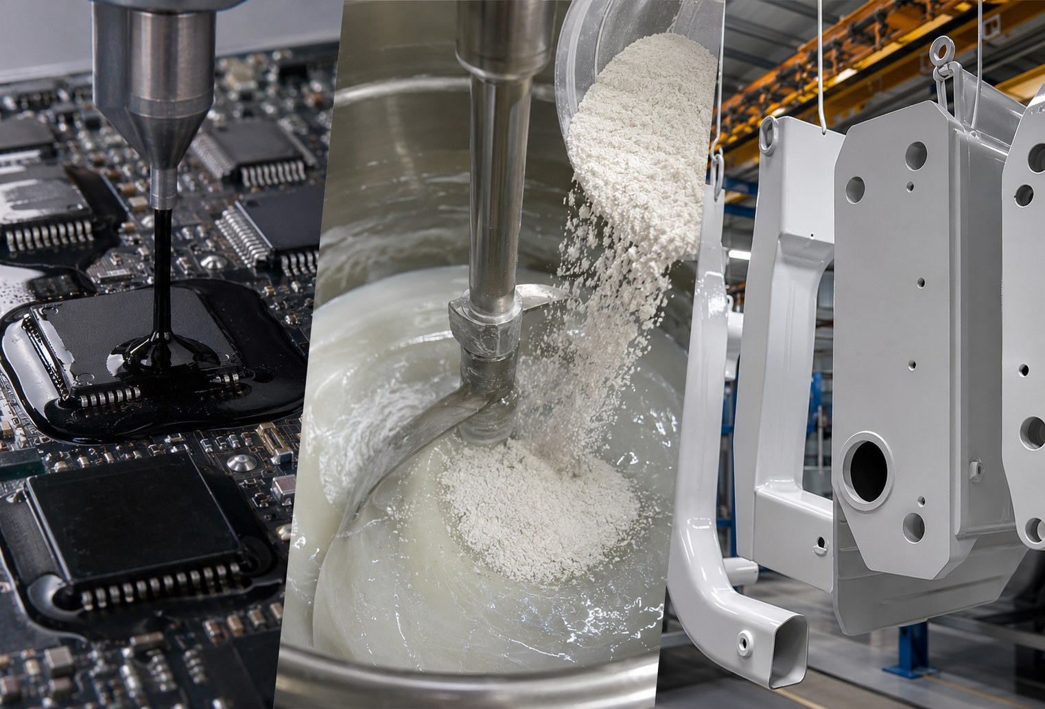 Fused silica filler for EMC, resin filler, and powder coating — three application photos: epoxy molding on a PCB, silica powder mixed into resin, and powder coating being applied to metal hardware