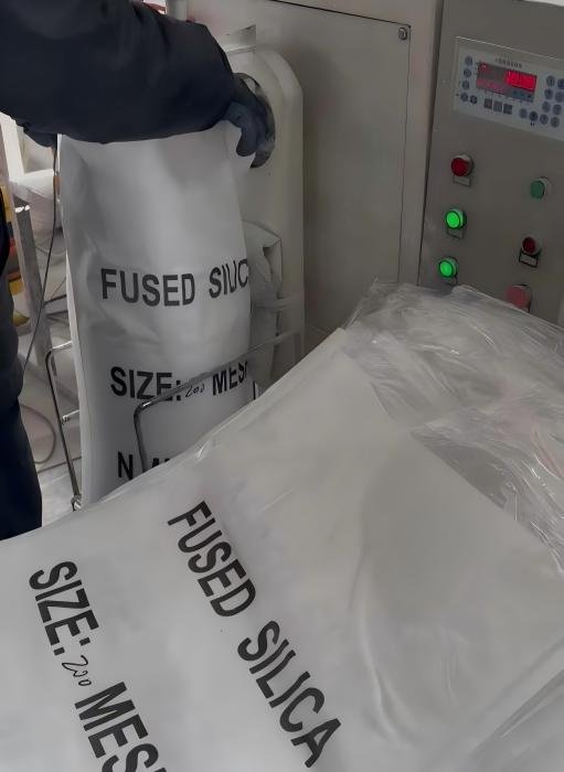 Fused silica packing process at Chemsize — weighing and bagging finished sand and powder before export